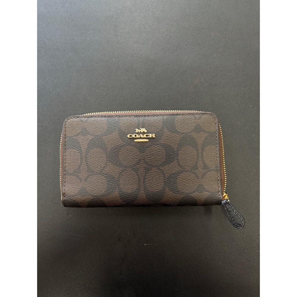 NWT Coach Signature Zip Around Wallet Brown Black Canvas Leather F88913 Gold - Picture 7 of 10